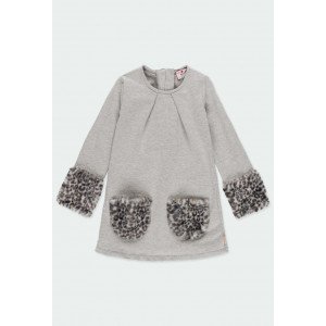Платье Chic утепленное серого цвета с декором из искусственного меха 