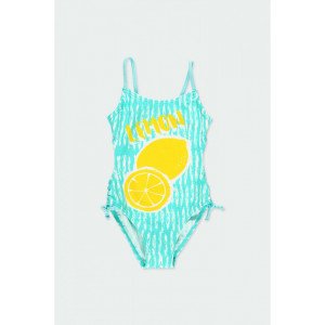 Купальник совместный бирюзового цвета с принтом и надписью "Lemon" 
