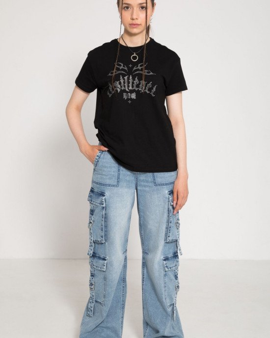Джинсы wide leg карго цвета деним 