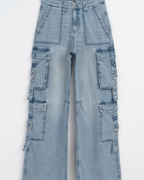 Джинсы wide leg карго цвета деним 