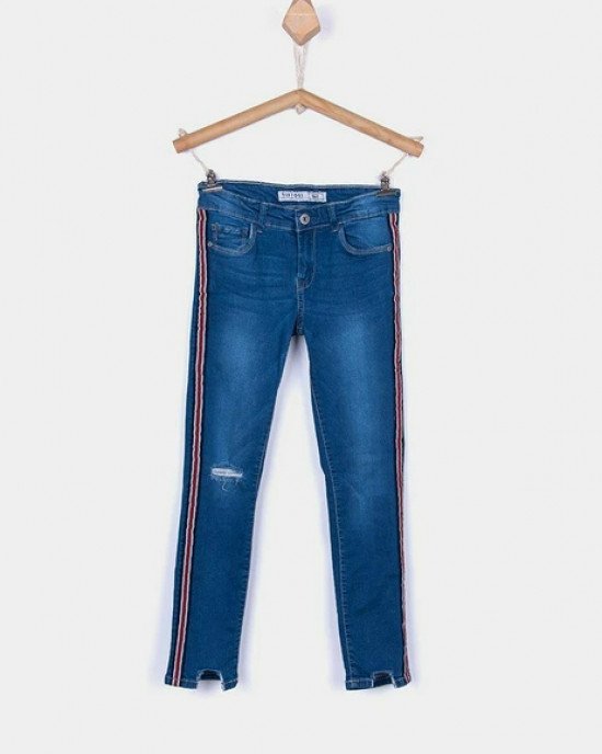 Джинсы medium waist синего цвета с лампасами 