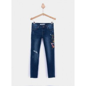 Джинсы skinny fit синего цвета с цветной вышивкой 