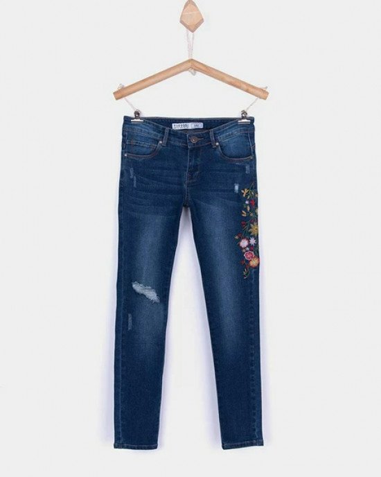 Джинсы skinny fit синего цвета с цветной вышивкой 