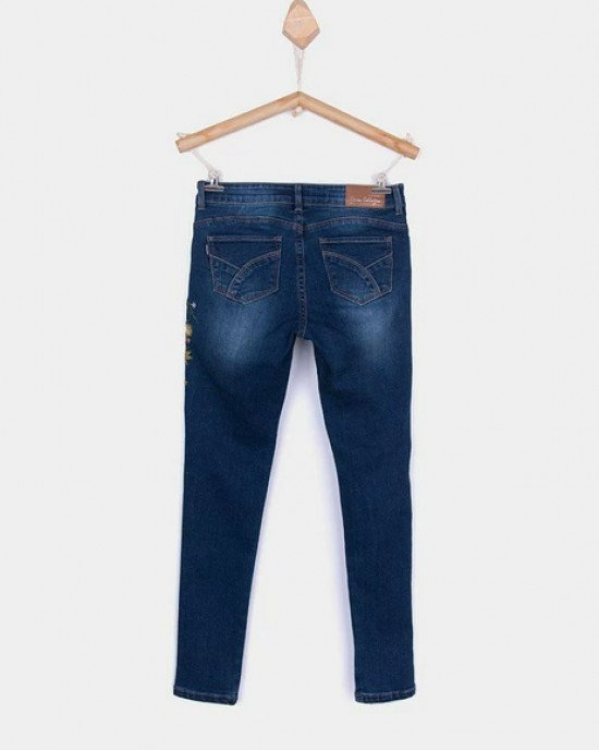 Джинсы skinny fit синего цвета с цветной вышивкой 