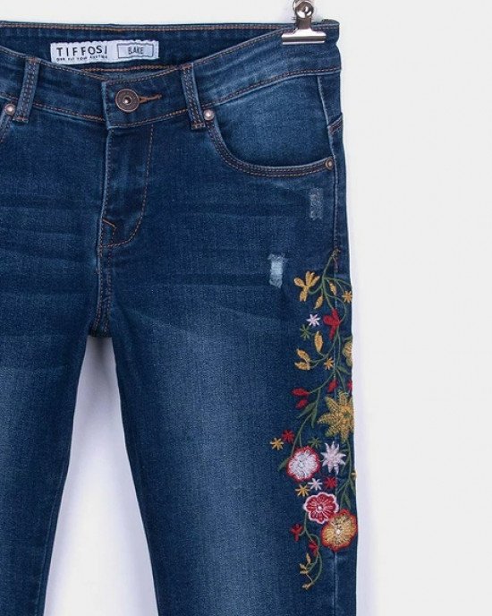 Джинсы skinny fit синего цвета с цветной вышивкой 