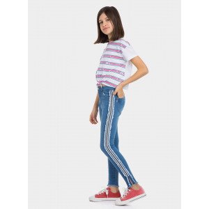 Джинсы High Waist голубого цвета с широкими лампасами 