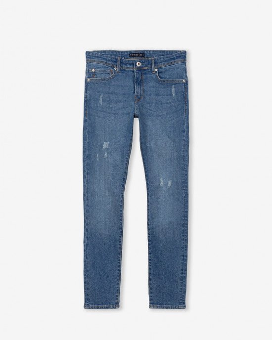 Джинсы skinny fit синего цвета с потертостями 