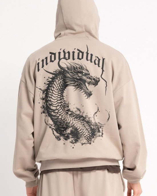 Худи oversize бежевого цвета с принтом дракона на спине 