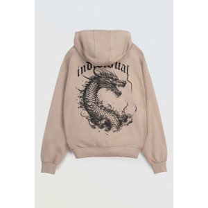 Худи oversize бежевого цвета с принтом дракона на спине 