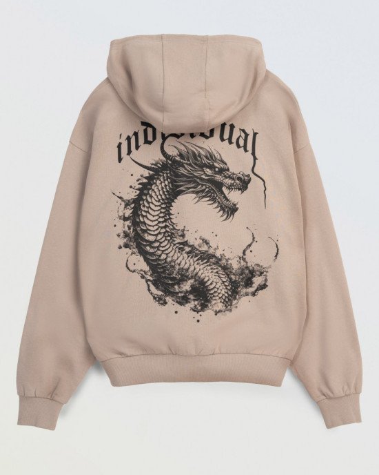 Худи oversize бежевого цвета с принтом дракона на спине 