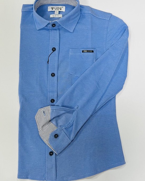 Рубашка slim fit из фактурной ткани голубого цвета