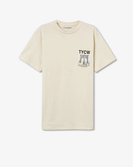 Футболка oversize бежевого цвета с принтом на спине 