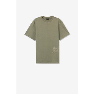 Футболка oversize оливкового цвета в текстовый принт 